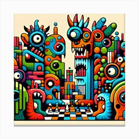 Brightly Colored And Low Resolution Cubism Monsters Playing Chess 7 Stampe su tela