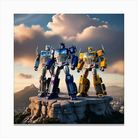 A Breathtaking Digital Illustration Of The Iconic Transformers Characters Proudly Standing On The Mountain 1 Canvas Print