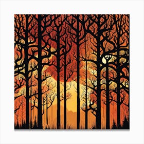 Sunset In The Forest 3,   Forest bathed in the warm glow of the setting sun, forest sunset illustration, forest at sunset, sunset forest vector art, sunset, forest painting,dark forest, landscape painting, nature vector art, Forest Sunset art, trees, pines, spruces, and firs, orange and black.  Canvas Print