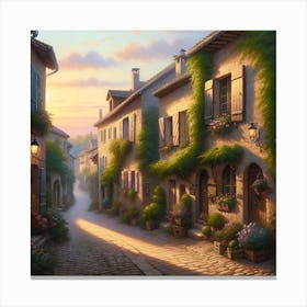 Village At Sunrise Vintage AI Canvas Print