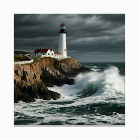 A Rugged Coastal Scene With Waves Crashing Against Dramatic Cliffs And A Lighthouse Standing Tall Canvas Print