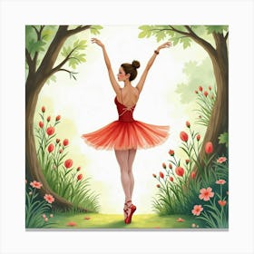 Ballet Dancer In Watercolor Lush Garden Setting 1 Canvas Print