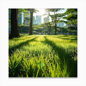 Bright Green Grass Under A Radiant Sun Swathed In Tokyo City Stands Out Against The Contrasting Sh Canvas Print