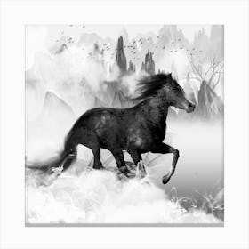 Ink Galloping Horse Black and White - Horse Running In The Fog Canvas Print