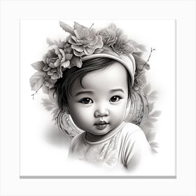 Little Girl With Flowers drawing Canvas Print