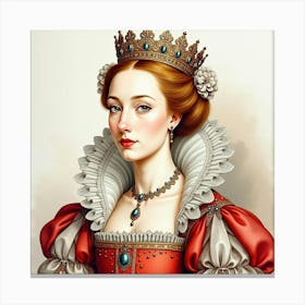 Queen Elizabeth I In Watercolor, Luxurious Background, Detailed Lace 1 Canvas Print