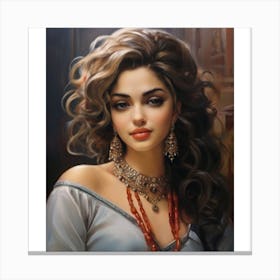 Woman 2. Brown curly hair 3. White blouse 4. Gold necklace 5. Serious expression 6. Dark background. . beautiful woman with long, curly brown hair, wearing a white blouse and a gold necklace. She has a serious expression on her face and is standing in front of a dark background. Canvas Print