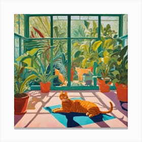 David Hockney Style. Cats in Sunlit Conservatory Series 1 Canvas Print