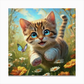 Kitten Flowers Butterfly 1 Canvas Print