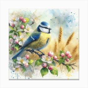 Blue Tit Watercolor: Serene Scene with Apple Blossoms and Soft Background. Canvas Print
