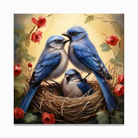 Bluebirds In The Nest, A Pair Of Birds Building A Nest Representing Love Home And Family Canvas Print