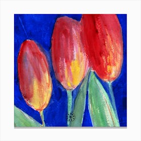 Tulips On Blue - flowers red blue green square Canvas Print