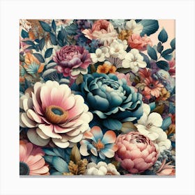 Vibrant Floral Collage Featuring Oversized Blossoms And Foliage, Style Mixed Media Collage 3 Canvas Print