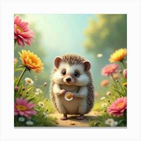 A Curious Hedgehog Wearing A Daisy Chain, Exploring A Whimsical Garden Of Oversized Blooms Canvas Print