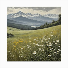 Vintage Oil Painting of Wild Flowers in a Meadow, Mountains in the Background 18 Canvas Print