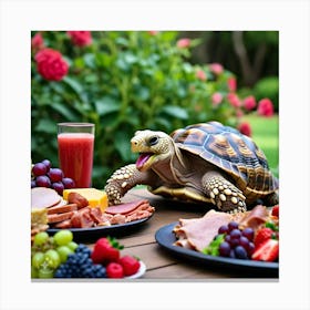 Tortoise Eating Greedily All The Delicious Food And Drinks (1) Canvas Print