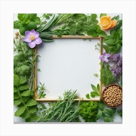 Frame With Herbs And Flowers Canvas Print