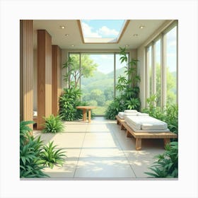 A Soothing Watercolor Scene Of A Wellness Center With Lush Greenery And Tranquility 1 Canvas Print