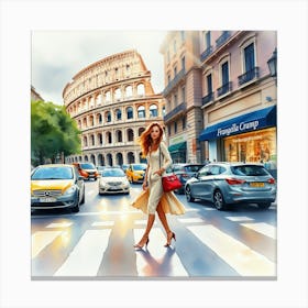 Woman Crossing The Street In Rome Canvas Print