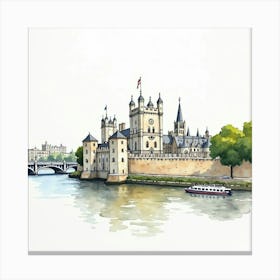 Watercolor Painting Of The Tower Of London, Capturing Its Historic Architecture And The Surrounding River Thames Canvas Print