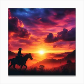 Silhouette Of A Cowboy Riding Into The Sunset, C4d, Dreamy And Optimistic, Vibrant Sky Canvas Print