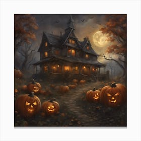 Halloween atmosphere, scary house and pumpkin Canvas Print