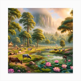 Picturesque And Serene View Of The Vrindavan Forest, Enhanced With The Addition Of Cows And Calves Canvas Print