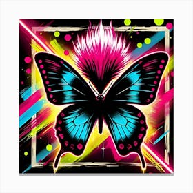 A Flashy Butterfly With A Neon Mohawk, Inspired By The Street Art Of Banksy, With A Bold Black And Neon Color Scheme, Where The Butterfly Is In Focus And The Background Is Blurred Into Neon Shapes, Framed With Abstract Brush Strokes (3) Canvas Print