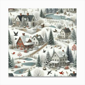 Winter Village And Path Among The Ponds Canvas Print