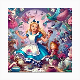 An Imaginative Digital Illustration Featuring Alice In Wonderland Interacting With Elements Of The Fantastical World With An Emphasis On Whimsical Designs For Costumes, Props, And Backgrounds Canvas Print