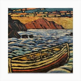 Oil painting of a boat in a body of water, woodcut, inspired by Gustav Baumann 4 Canvas Print