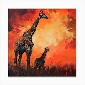 Giraffe & Calf In The Sunset Red Brushstrokes 3 Canvas Print