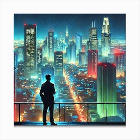 A Man In The Dark Looking Out At The View On Top Of A Building In Gouache.AI Canvas Print