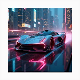 Sleek Futuristic Car With Glowing Edges, Flying Over A Neon Lit Urban Skyline 1 Canvas Print