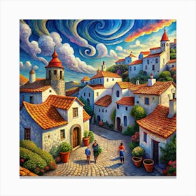 A Surreal Painting Depicting A Quaint Village 1 Canvas Print