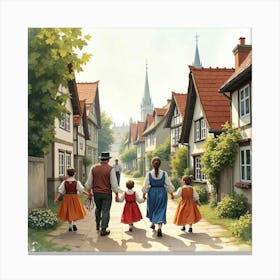 Romanian Families Celebrating In English Historical Neighborhoods, Watercolor 1 Canvas Print