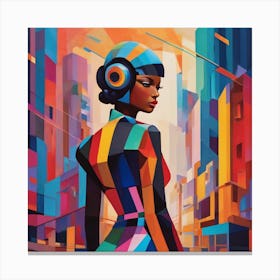 AI woman in futuristic city. Canvas Print