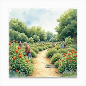 Watercolor Painting Of An English Garden In Full Bloom With People Tending Plants 1 Canvas Print