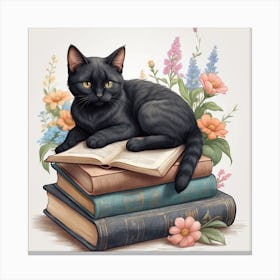 Black Cat On Books Canvas Print Canvas Print