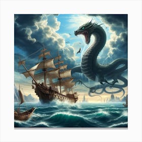 Dragon And Ship In The Sea Canvas Print