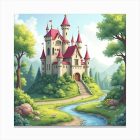 Fairy Tale Watercolor Castle Amidst Enchanted Glade 1 Canvas Print