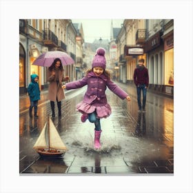 Little girl jumping in a puddle  Canvas Print