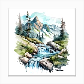 Watercolor Mountain Stream Canvas Print