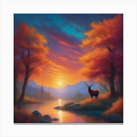 Sunset Deer In The Forest Canvas Print