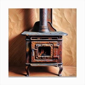 A Highly Detailed, Vibrant, Rough Color Pencil Sketch Of An Old, Rusted, Wooden Burning Stove 3 Canvas Print