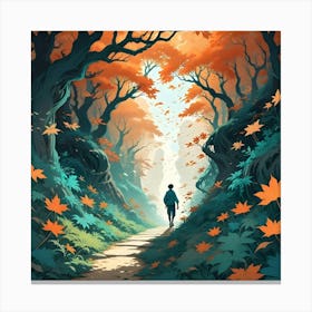 A Lone Person Walking On A Path Through A Magical Forest With Vibrant Orange And Teal Foliage, Creating A Sense Of Mystery And Adventure Canvas Print