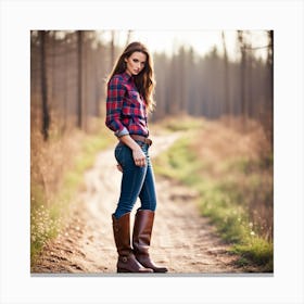Beautiful Woman In Plaid Shirt And Cowboy Boots Canvas Print