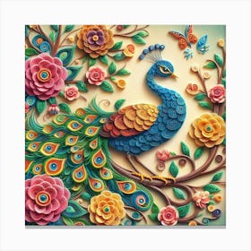 Peacock on flower branch 3 Canvas Print