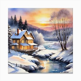 Winter House By The River Canvas Print