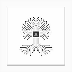 Design A Simple Logo, Vector Art Logo, Flat Design, 2d, Minimalist Logo, Wide Branches, Branches Growing From The Chip In The Middle Of Crown, Featuring A Whole Ash Tree Made Of Circuit Board Components With An Extensive Root Network Leinwandbild